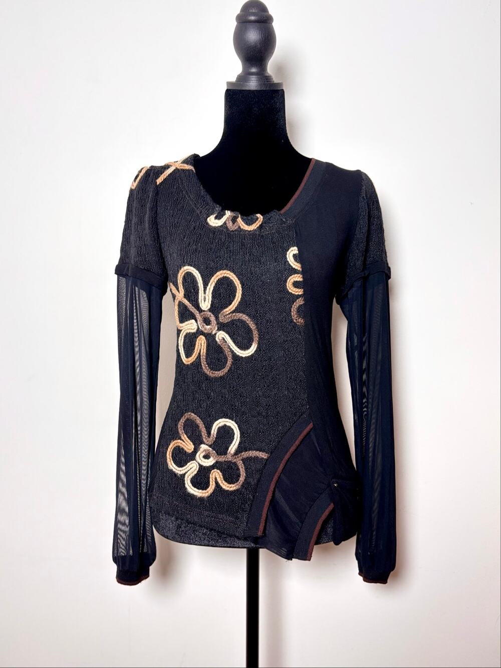 Forla Paris Black Asymmetric Mixed Fabric Yarn Rosettes Mesh Sleeves Euro Top